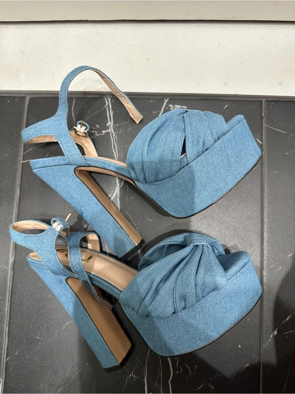 Never Worn FSJ Blue Denim Bow Platform Sandals with Ankle Strap